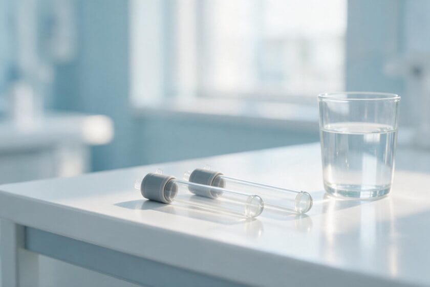 Tubes de prélèvement sanguin posés à côté d'un verre d'eau sur une paillasse de laboratoire, illustrant le jeûne avant une glycémie à jeun