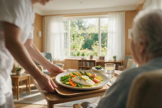 Un soignant apporte un plateau-repas &eacute;quilibr&eacute; &agrave; une personne &acirc;g&eacute;e assise pr&egrave;s d'une fen&ecirc;tre, illustrant la prise en charge nutritionnelle de la d&eacute;nutrition