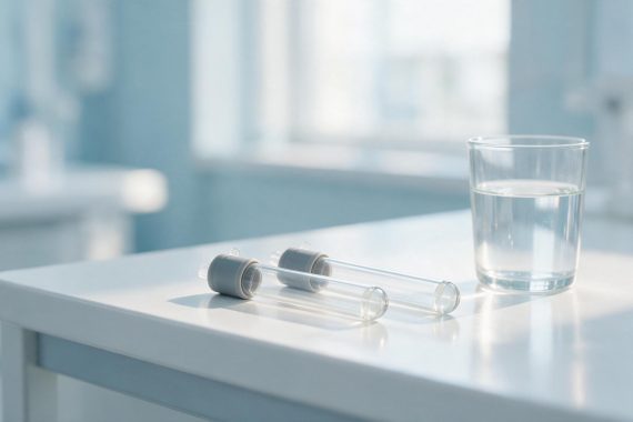 Tubes de pr&eacute;l&egrave;vement sanguin pos&eacute;s &agrave; c&ocirc;t&eacute; d'un verre d'eau sur une paillasse de laboratoire, illustrant le je&ucirc;ne avant une glyc&eacute;mie &agrave; jeun