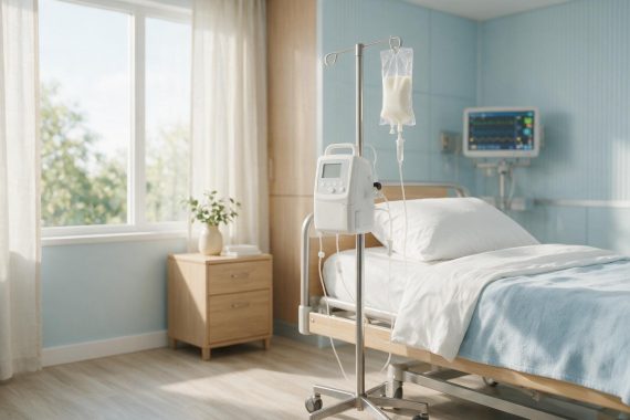 Pompe de nutrition clinique et poche de nutrition au chevet d'un lit d'h&ocirc;pital, avec moniteur de surveillance, illustrant la renutrition progressive sous encadrement m&eacute;dical
